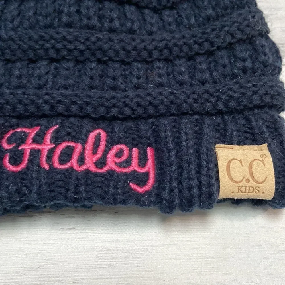 New Navy Monogrammed Haley Pom Pom Knit Hat from C.C Kids